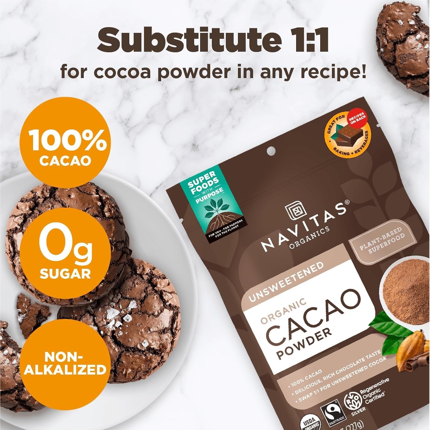 Navitas Organic Cacao Powder 8oz – Rich Dark Chocolate, Gluten-Free & Fairtrade