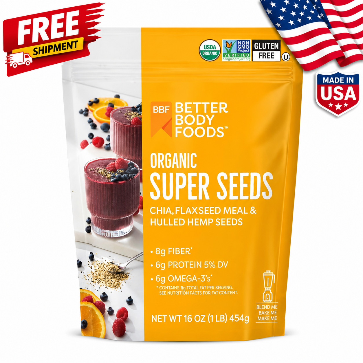 Organic Super Seeds, Chia Seeds, Flaxseed Meal & Hulled Hemp Seeds, 16 oz