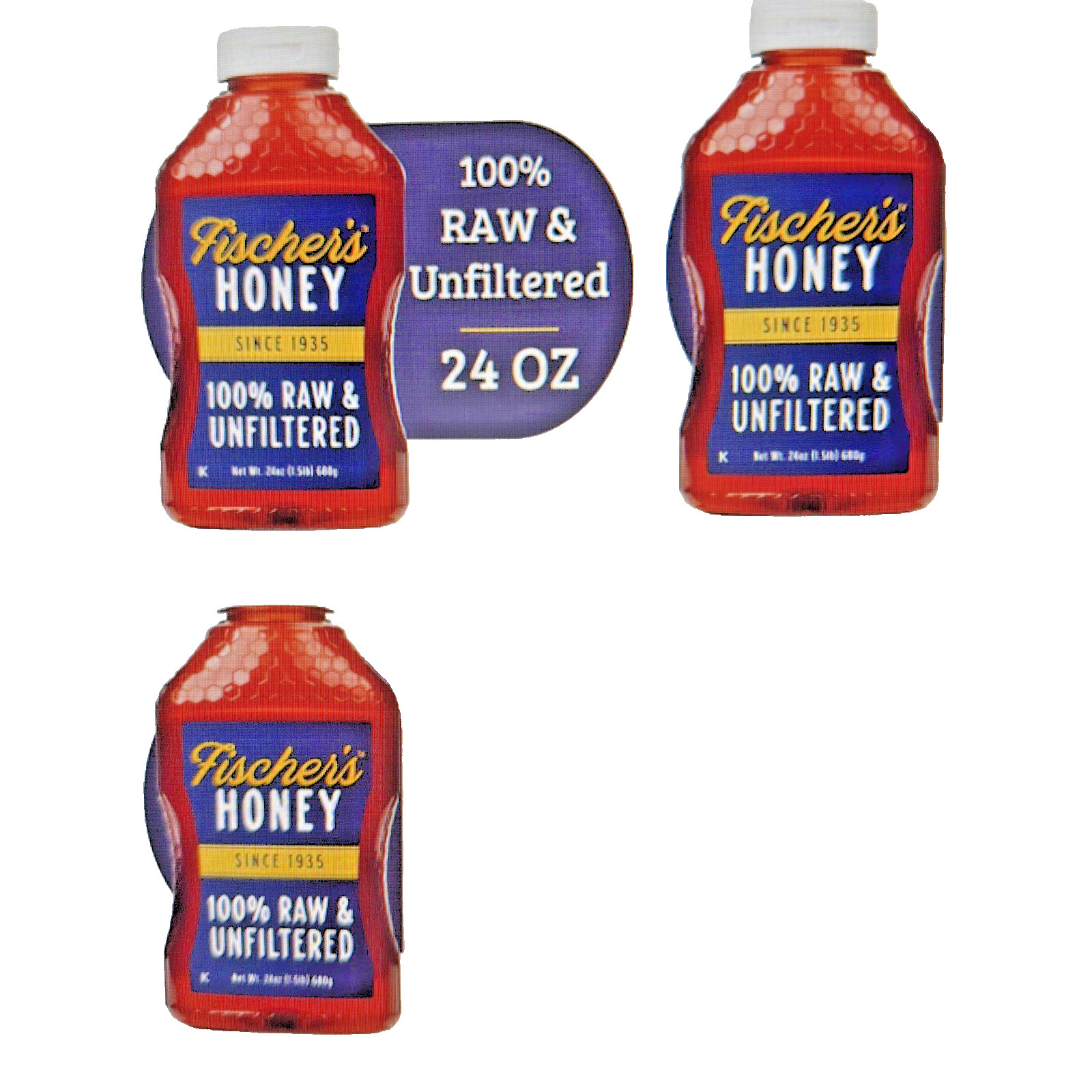 3 PACK Fischers Honey, Raw and Unfiltered, 100% US Grade Squeeze Bottle 24 OZ