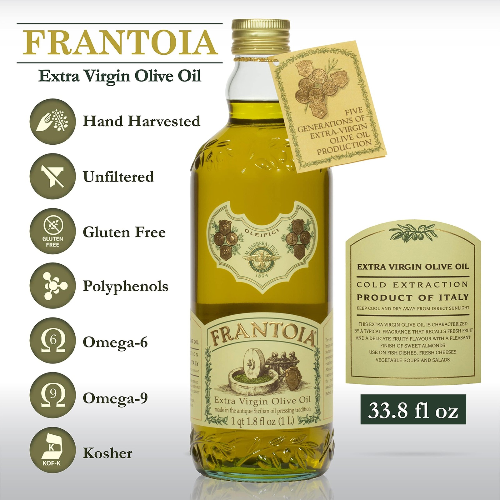 Frantoi Extra Virgin Olive Oil, 33.8 fl oz 1 Liter – Award-Winning Sicilian E…