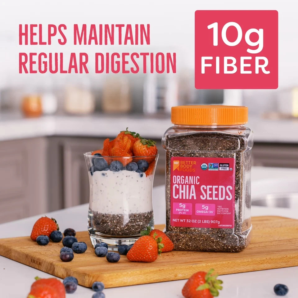 BetterBody Foods Organic Chia Seeds 2 lbs, 32 Oz with Omega-3 Non-GMO Gluten