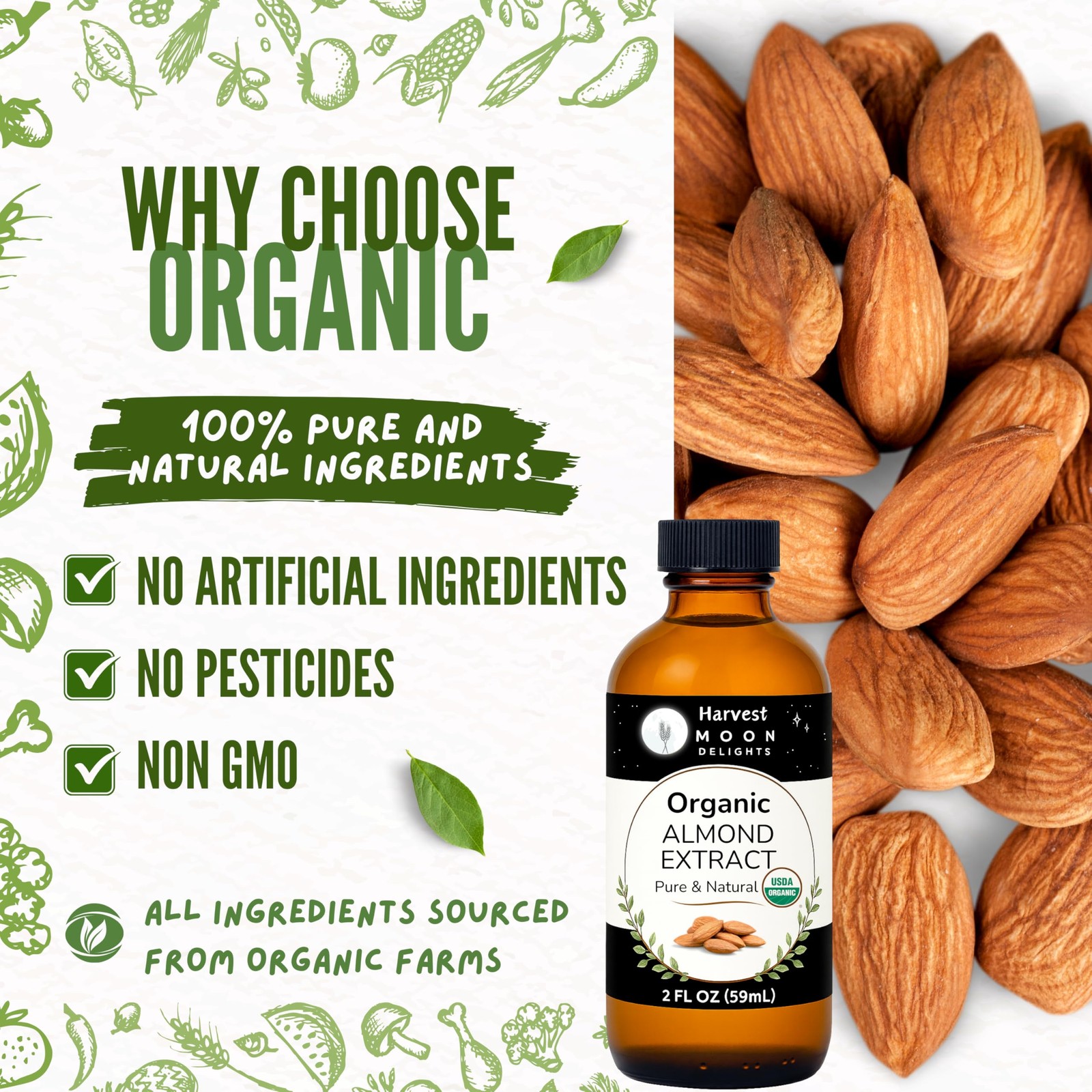 Organic Almond Extract for Baking, Drinks, Ice Cream and Candy – 2 Oz – – Alm…
