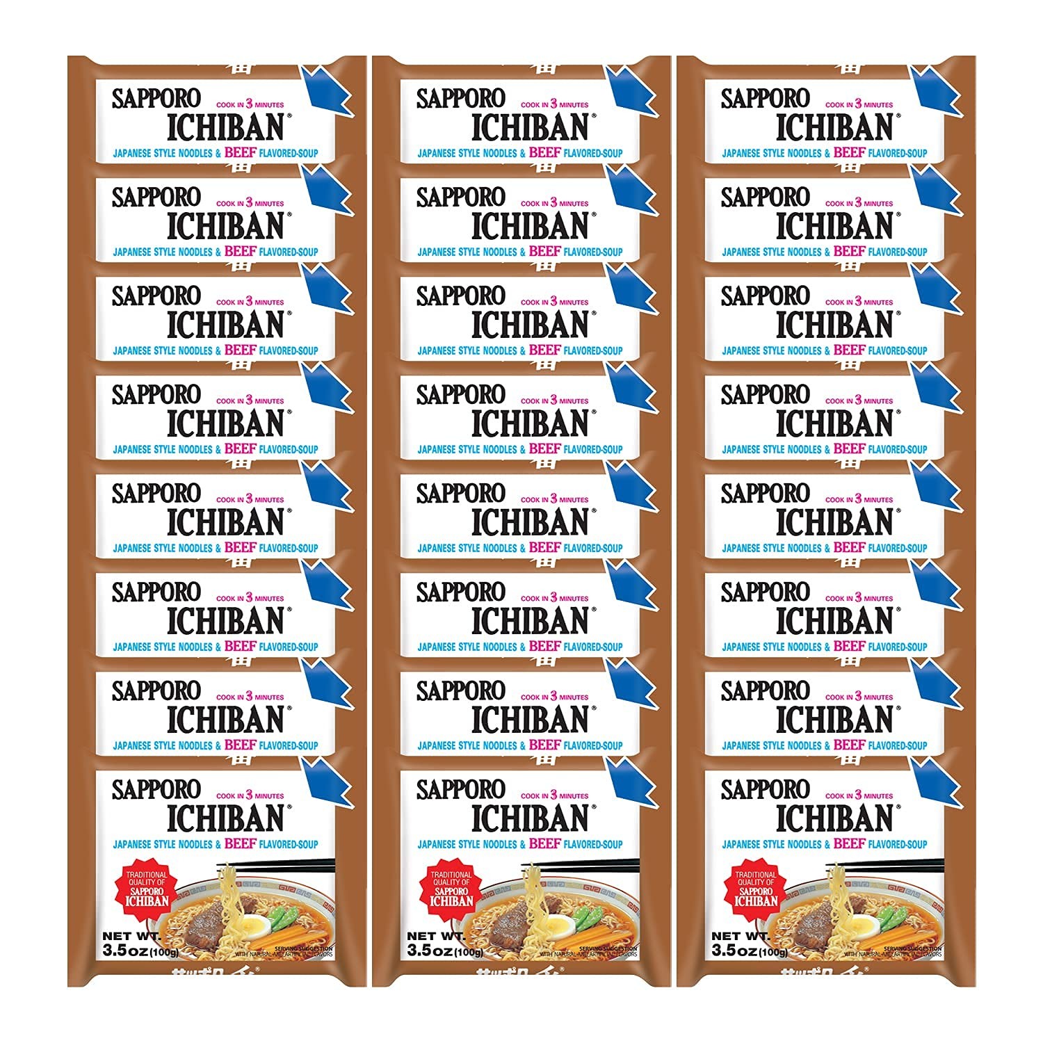 [SAPPORO ICHIBAN] Ramen Noodles, Beef Flavor, No. 1 3.5 Ounce (Pack of 24)