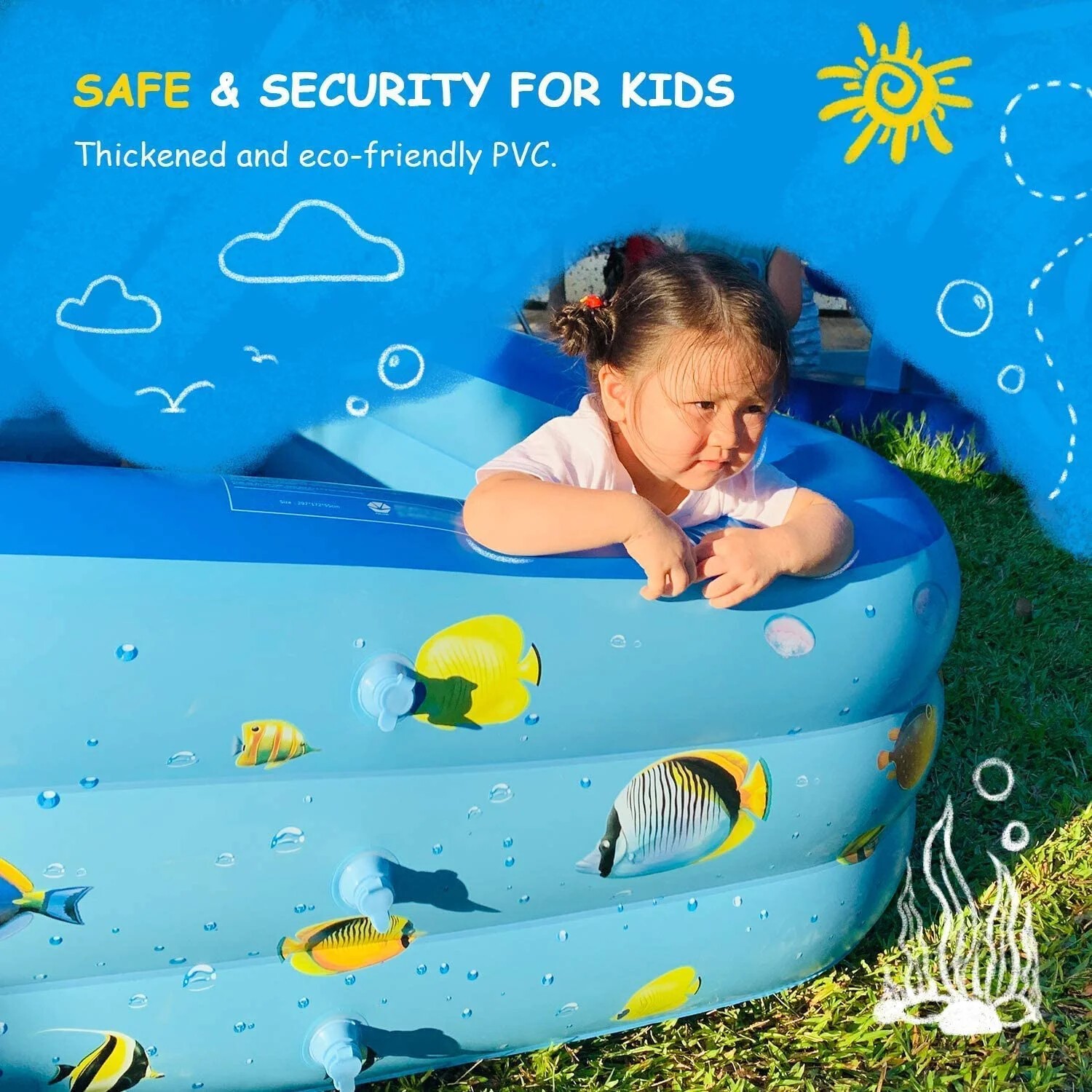 Inflatable Swimming Pool for Kids & Adults, Family-Size Rectangle, Blue