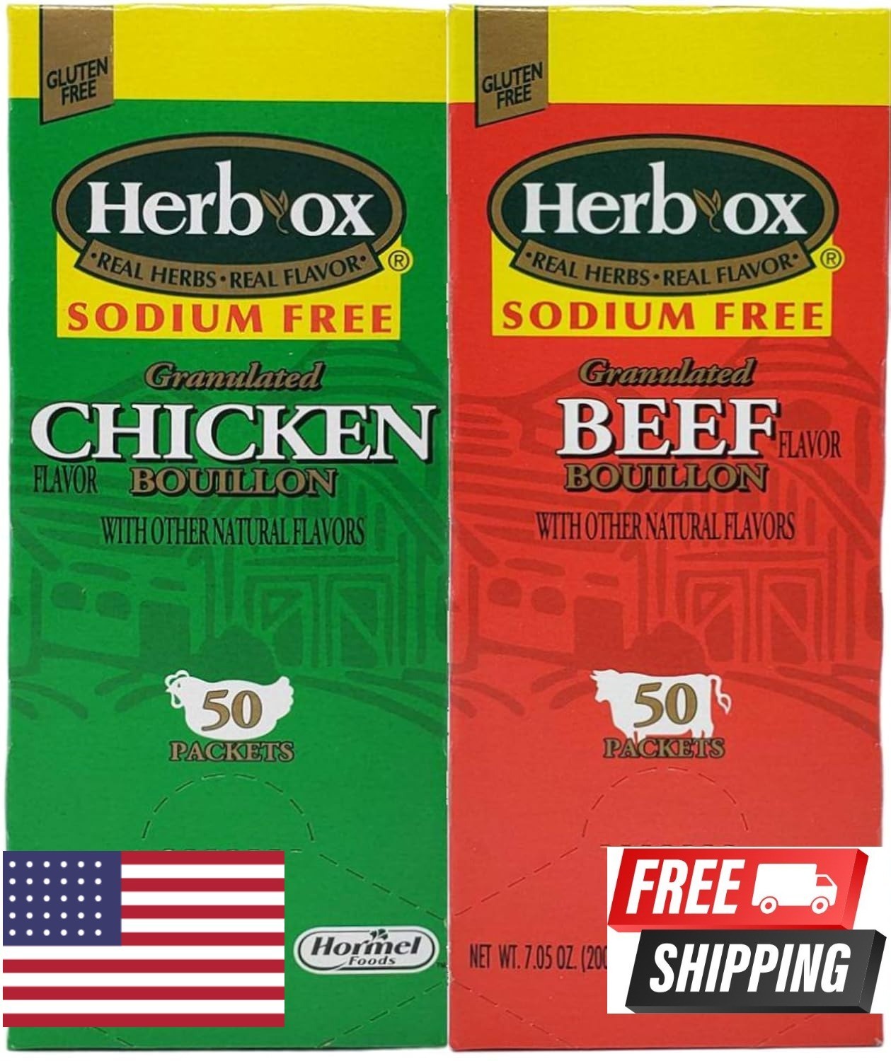 Herb-Ox Sodium Free Bouillon Bundle,`Beef and Chicken, 100 Total Packets