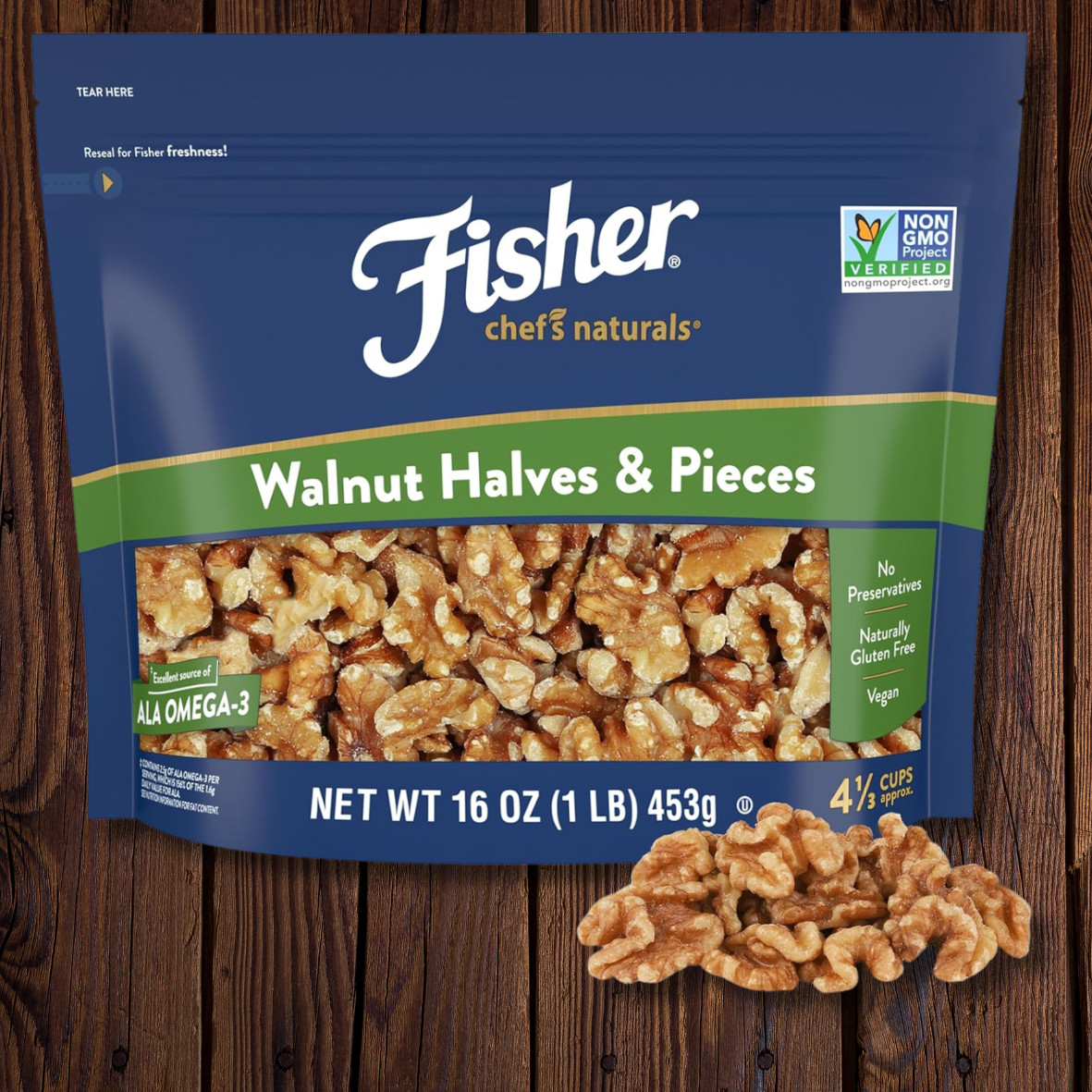 Fisher Gluten Free, Non-GMO Walnut Halves & Pieces, 16 oz Bag