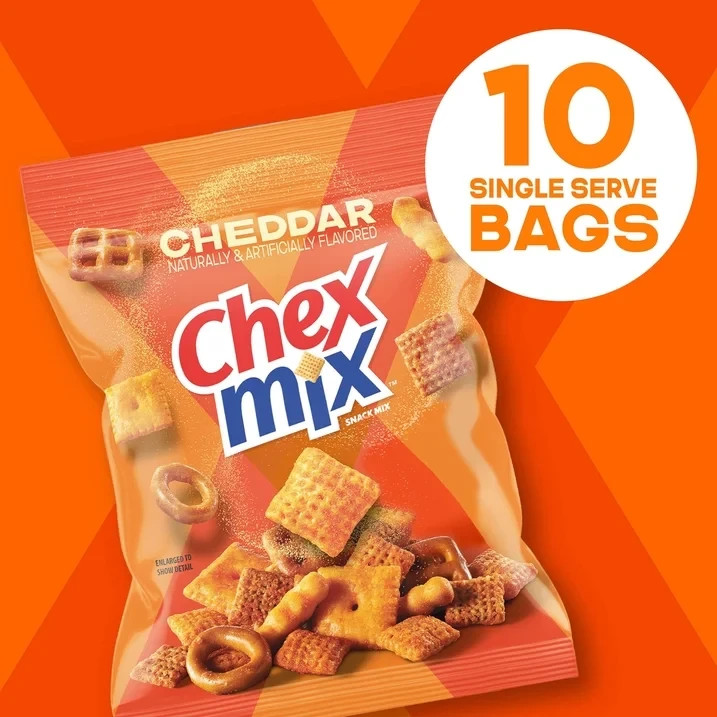 Chex Mix Cheddar Snack Mix, Single Serve Snack Bags, Multipack, 10 Count, 17.5 o