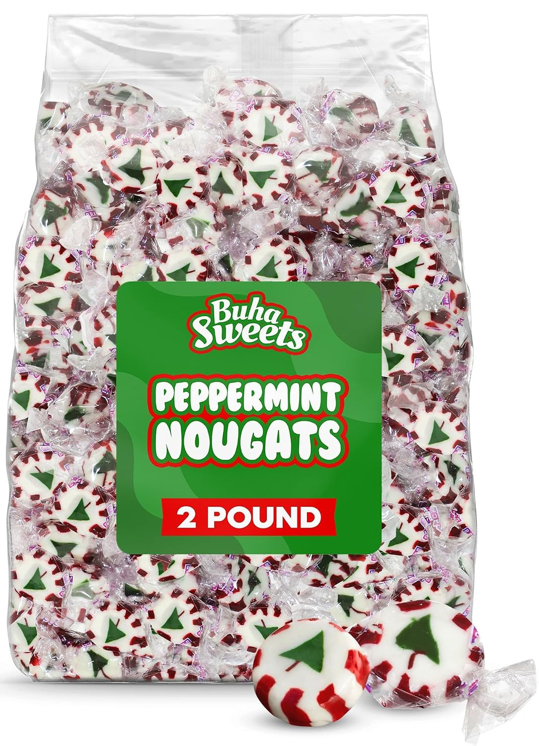 Bulk Christmas Peppermint Nougats 2 Lb Pack – Soft Chewy Mint Candy with Green C