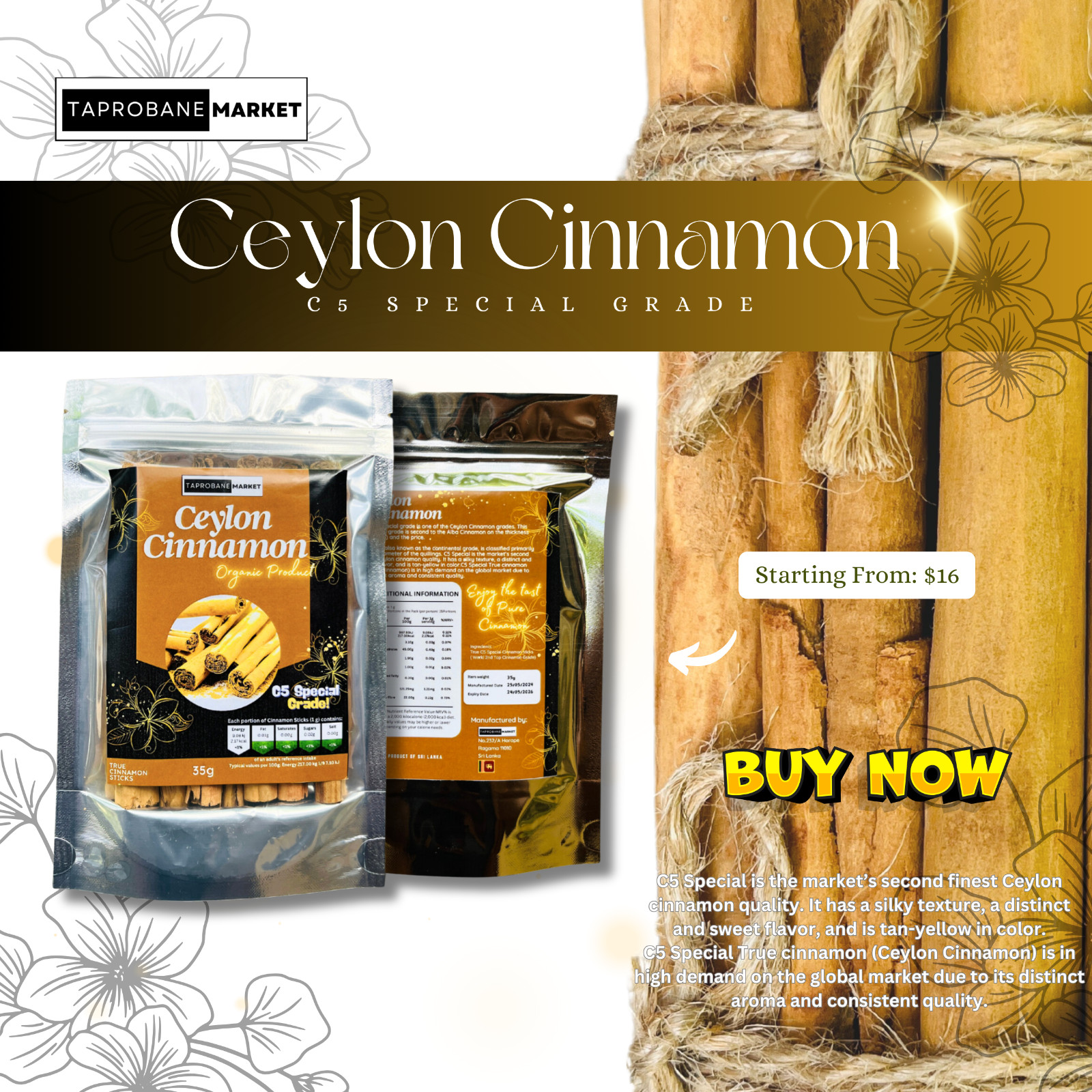 100% Pure Organic Ceylon Cinnamon Sticks from Sri Lanka – Premium True Cinnamon