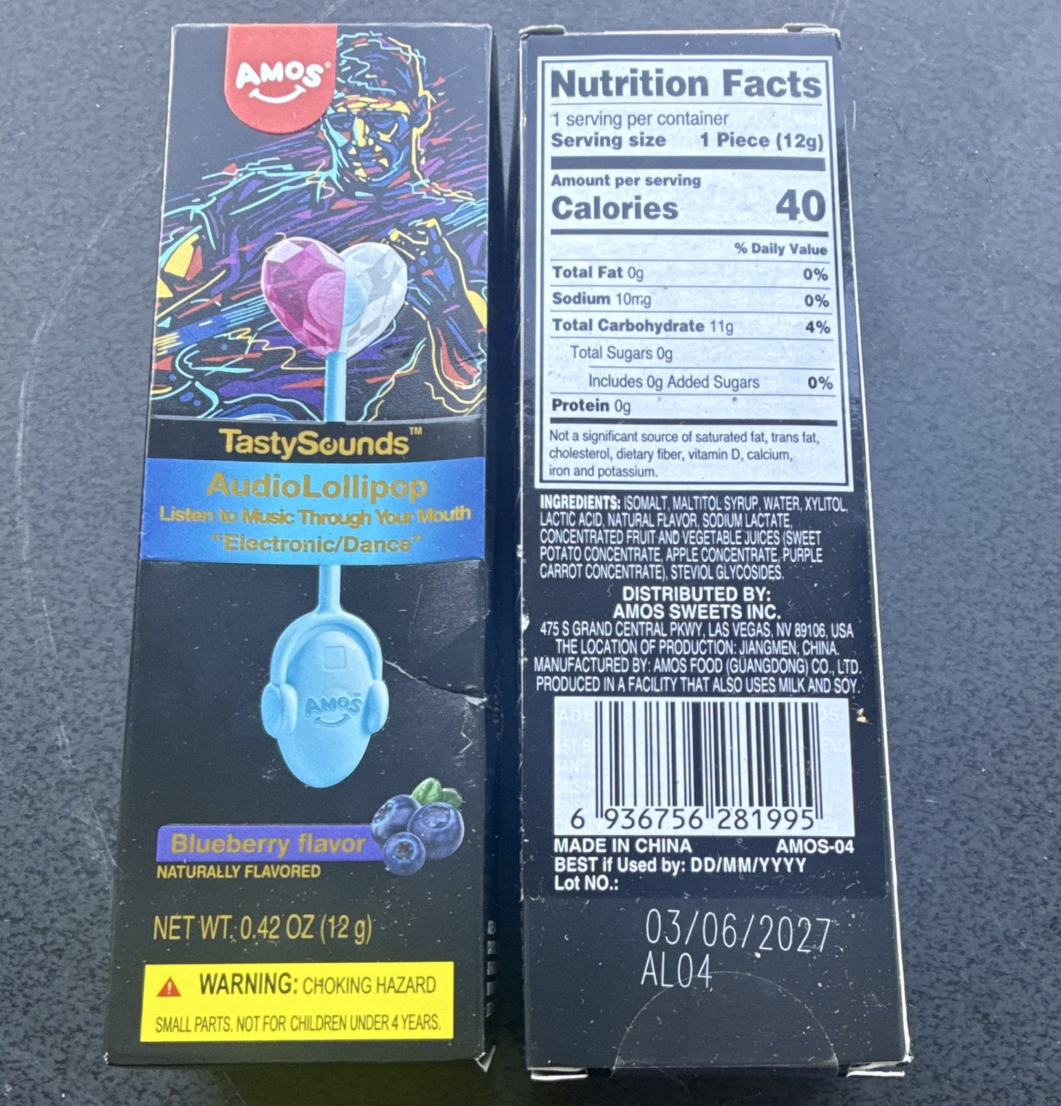 AMOS TastySounds AudioLollipop Blueberry/Strawberry Sugar Free 12g 2 Pack Box