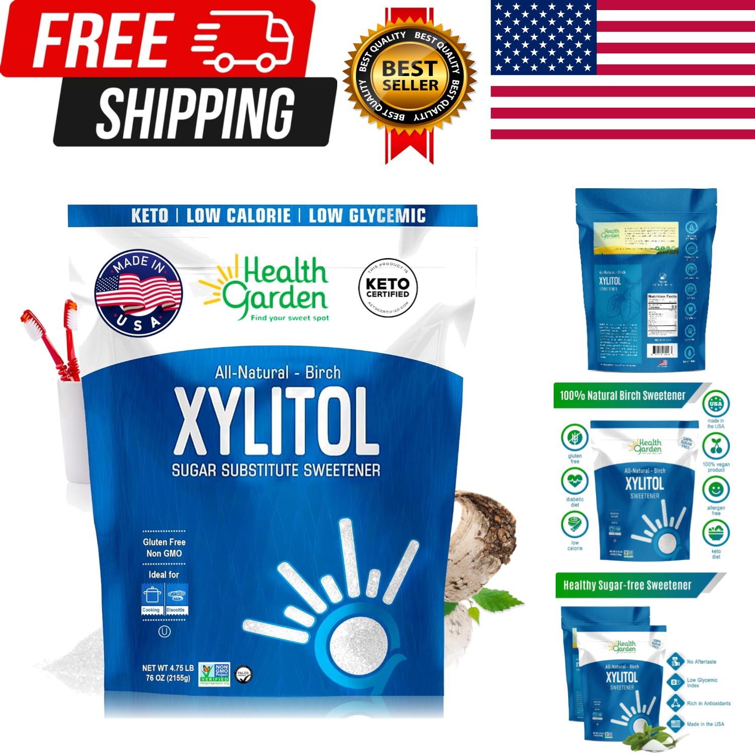 Birch Xylitol Sweetener – Pure Birch Xylitol – Non GMO, Kosher, and Made in t…