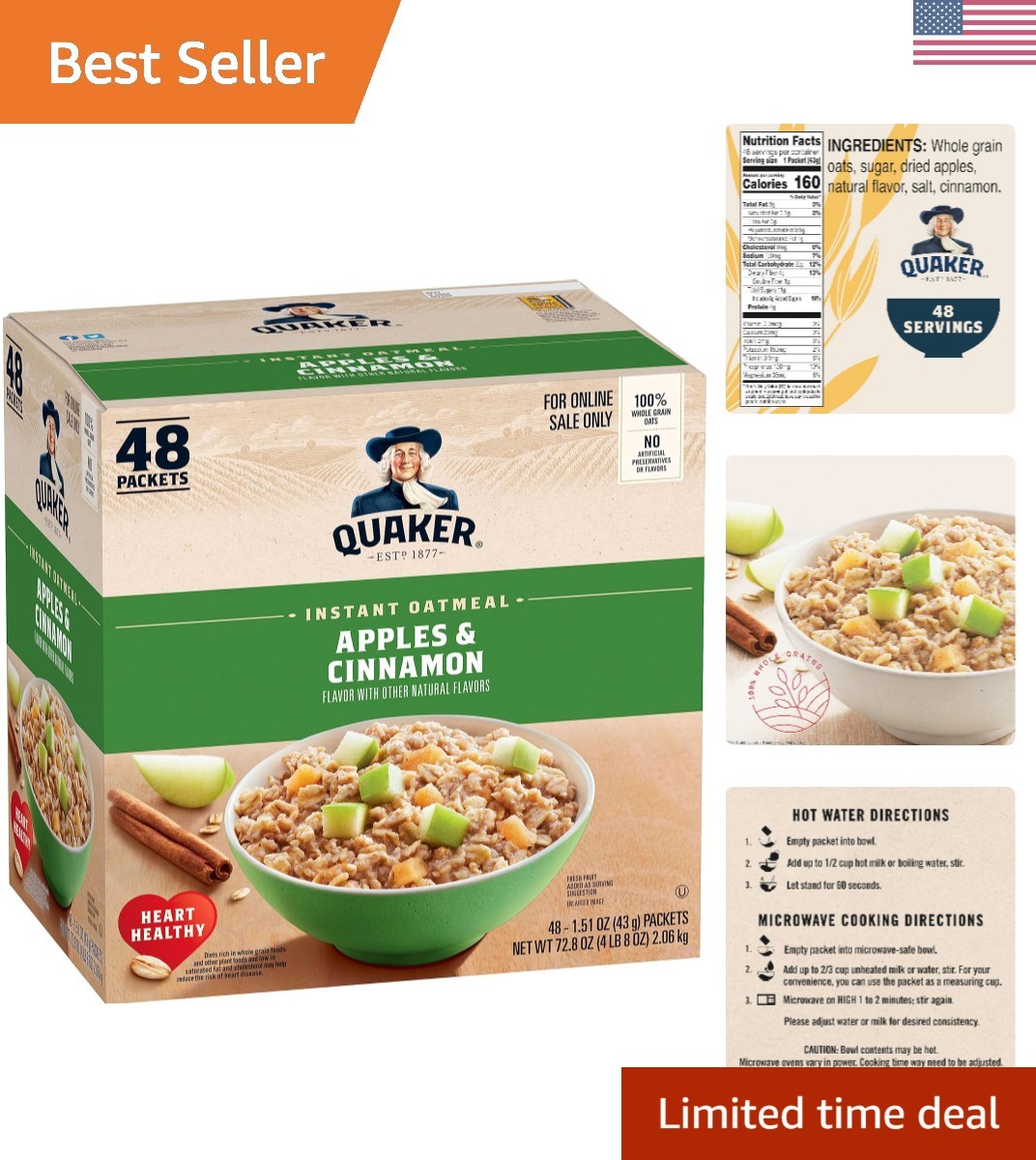 Instant Oatmeal, Apples and Cinnamon, Individual Packets 48 Count of 1.51 oz …