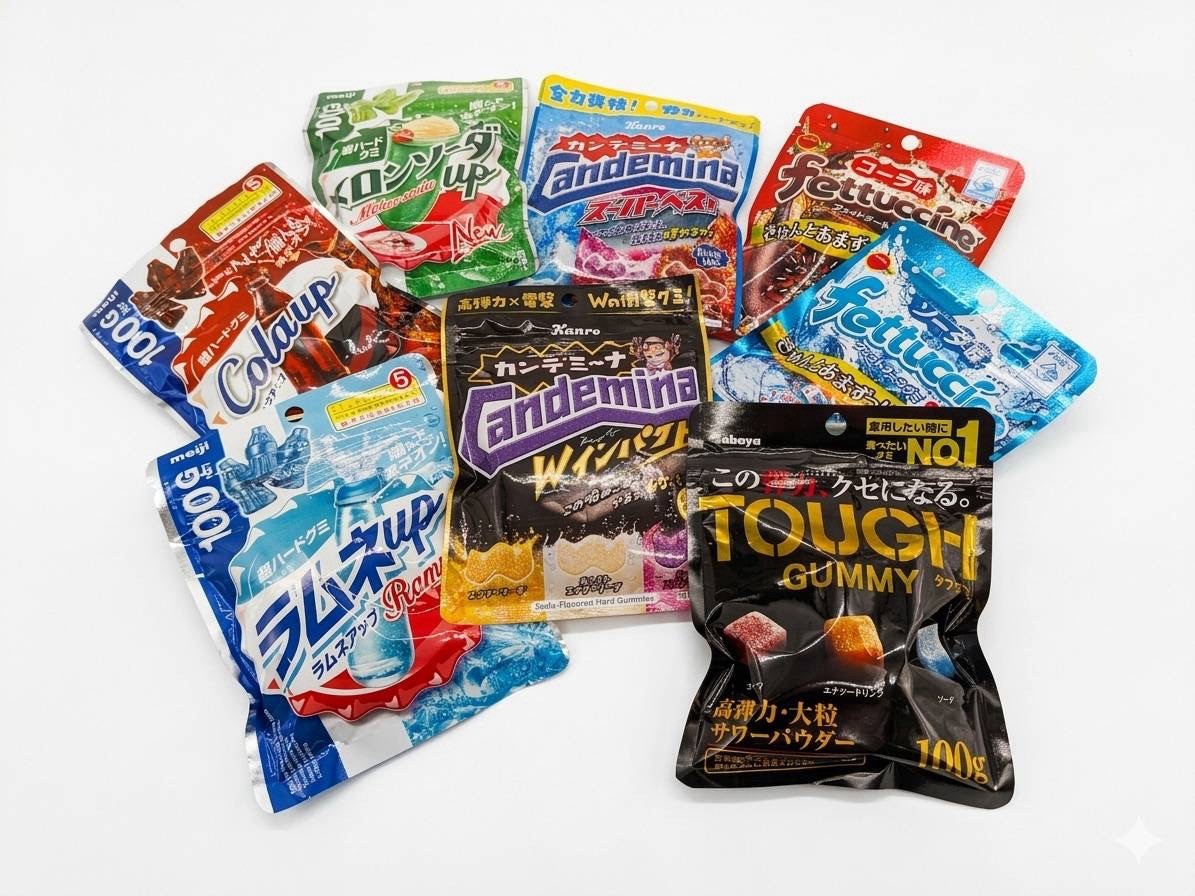 Japan Soda Gummy Candy 8 Items Set – Meiji, Kanro, Kabaya, Bourbon – Cola Mix