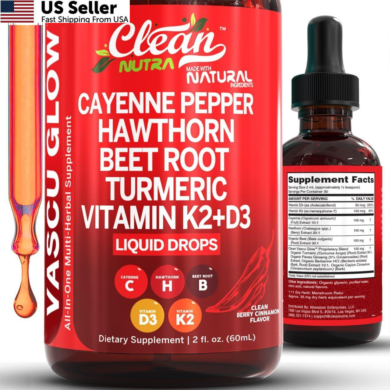 Cayenne Pepper Drops Supplement + Hawthorn Berry Beet Root Vitamin D3 K2 USA