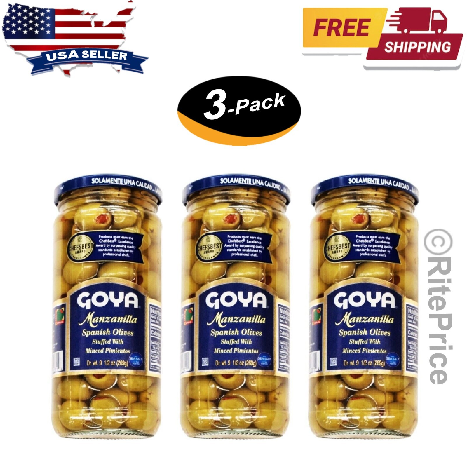 Goya Manzanilla Spanish Olives (3 Pack) Stuffed with Minced Pimientos 9.5Oz.-New