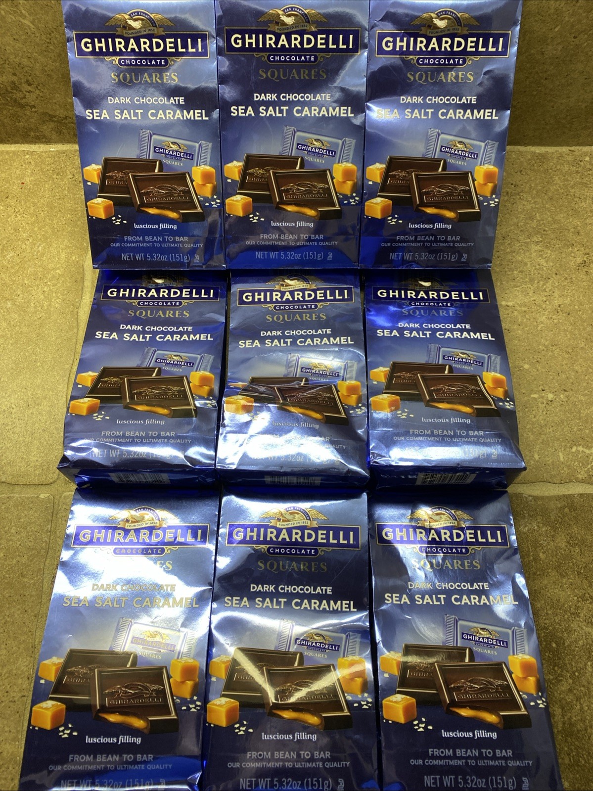 9 BAGS GHIRARDELLI Dark Chocolate Sea Salt Caramel SQUARES, 5.32 oz Bag