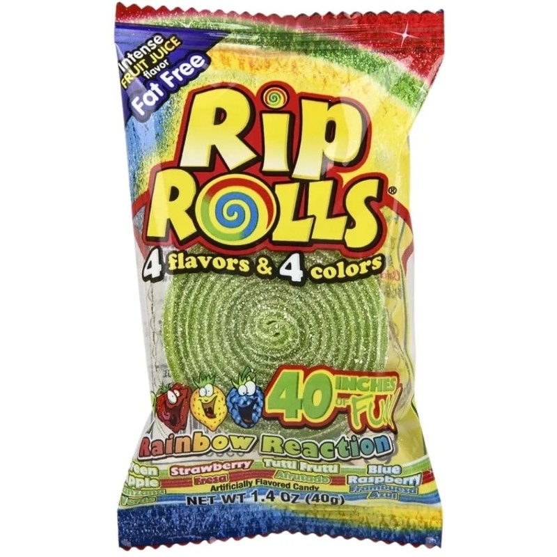 24x Rips Rolls Rainbow Reaction Sour Candy Licorice Snack Sweet Bulk Sealed 1.4o