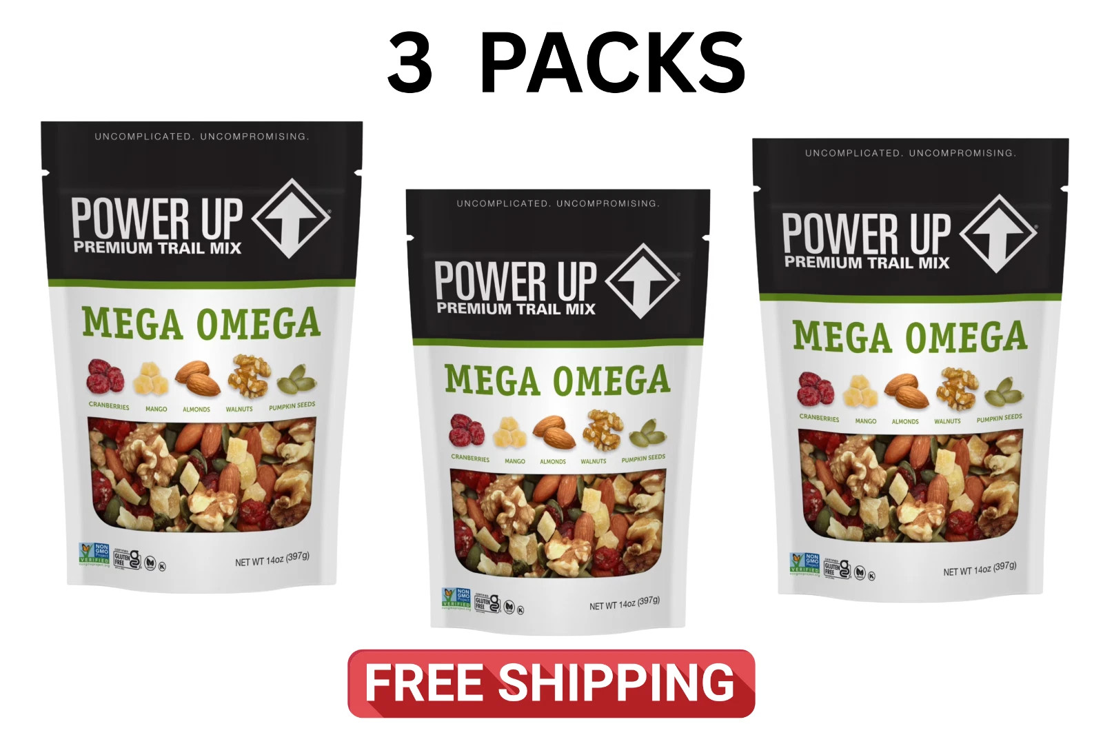 Power Up Mega Omega Trail Mix from Gourmet Nut, Resealable Bag, 14 oz, (3 Pack)