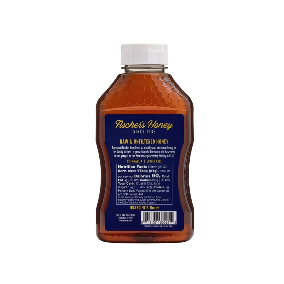 vNew Fischers Honey, 24oz Raw and Unfiltered, Local 100% US Grade Squeeze Bottle