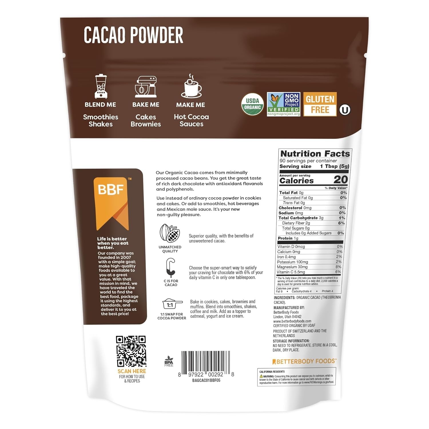 BetterBody Foods Organic Cacao Powder, Rich Chocolate Flavor, Non-GMO,