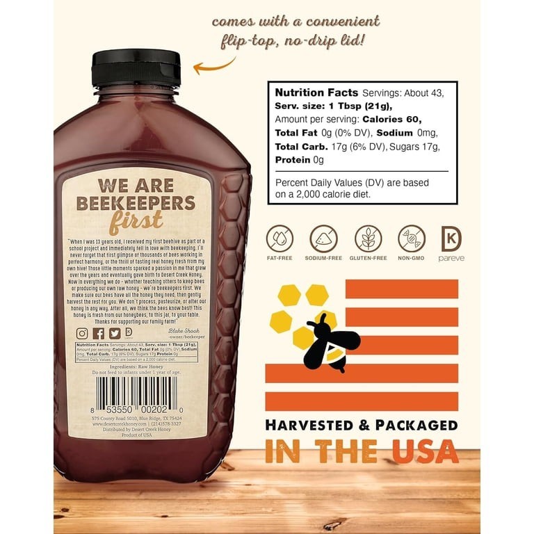 Desert Creek Raw & Unfiltered Texas Honey 32 oz Squeeze Bottle Non-GMO
