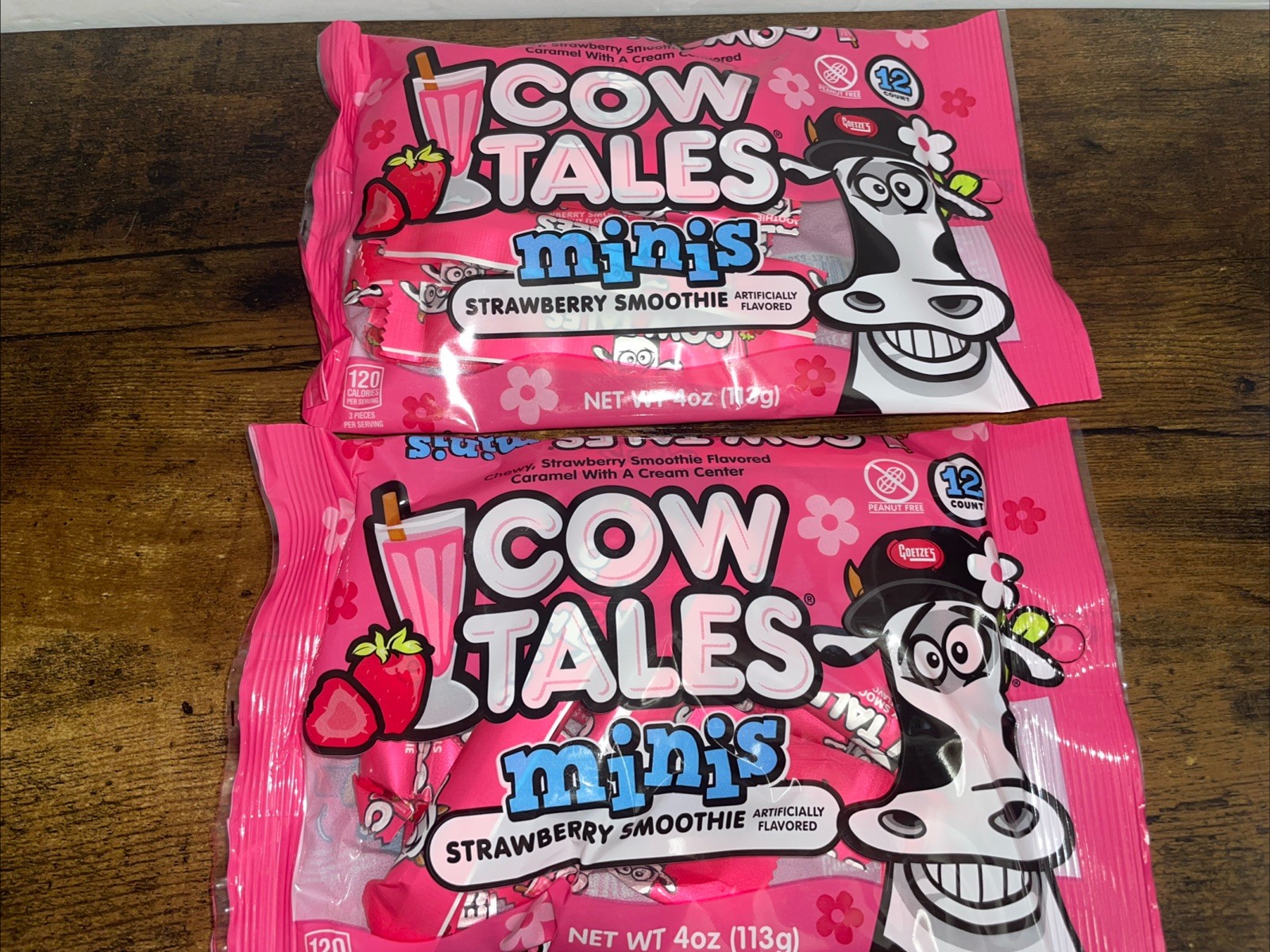 2pc 4oz/12pc ea Bag Goetze’s Cow Tales Minis STRAWBERRY SMOOTHIE Valentine Candy