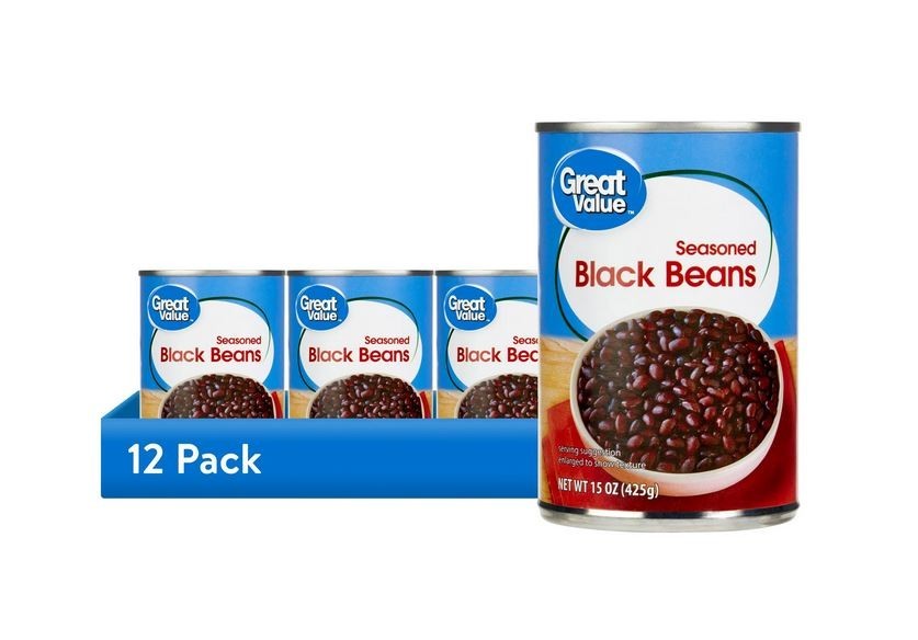 12 pack, Great Value Seasoned Black Beans, 15 oz Can.