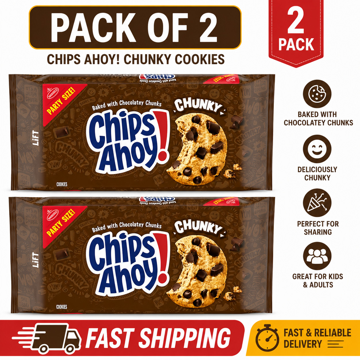 CHIPS AHOY! Chunky Chocolate Chip Cookies Party Size 24.75 oz Pack of 2