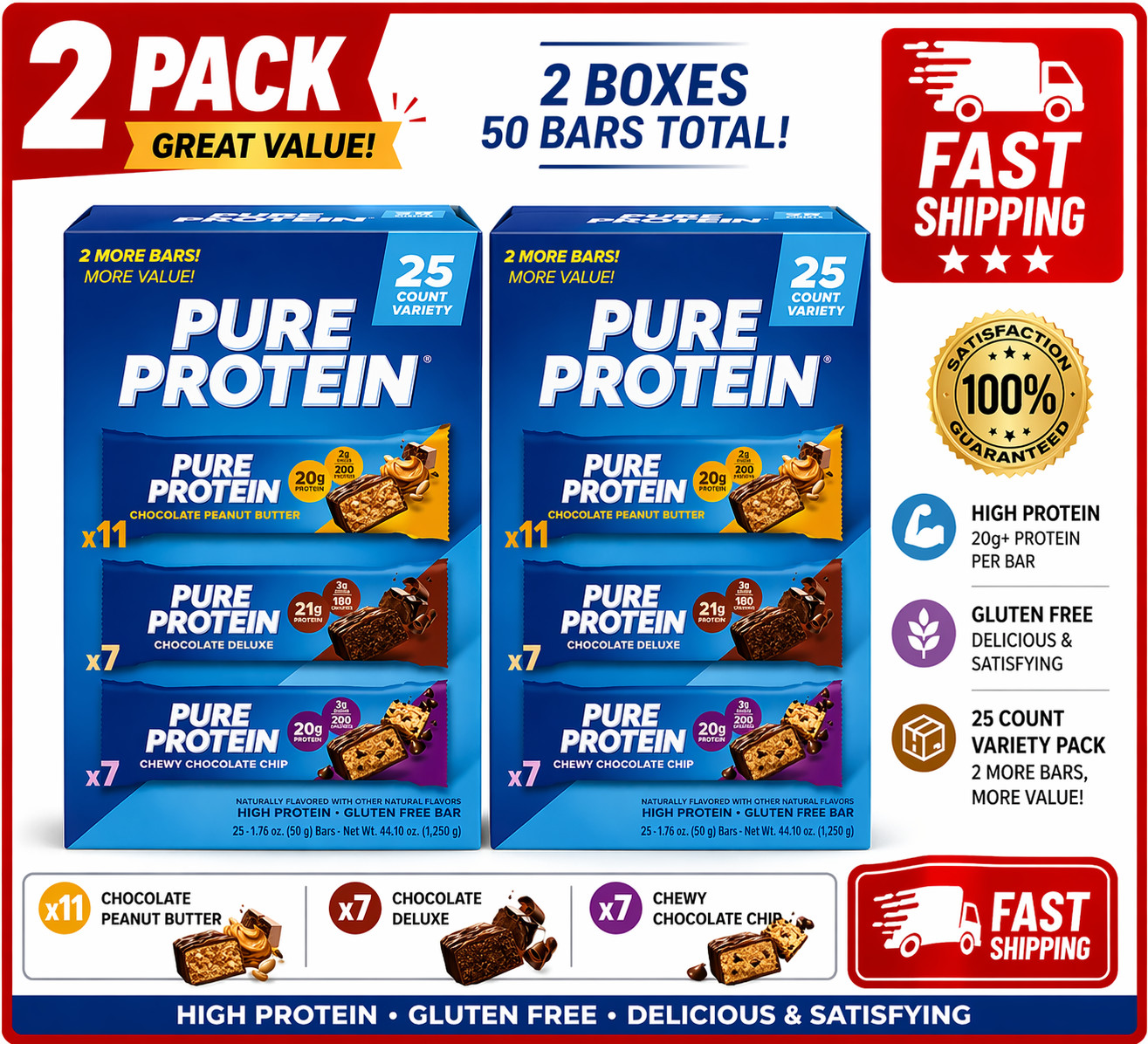 2PACK Pure Protein Bars, Variety Pack, 25-count, Gluten Free, Low Sugar,