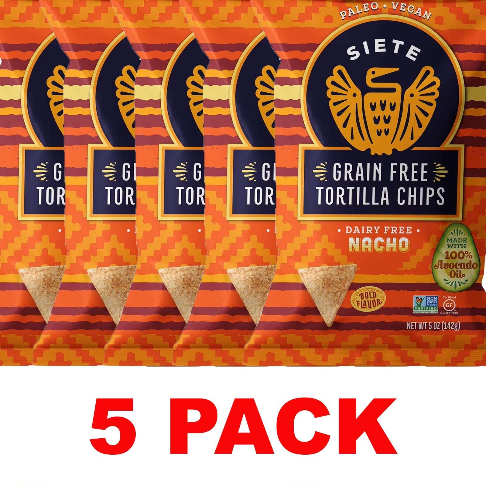 SIETE Dairy Free NACHO TORTILLA CHIPS Grain Free 5 oz Bag – 5 PACK