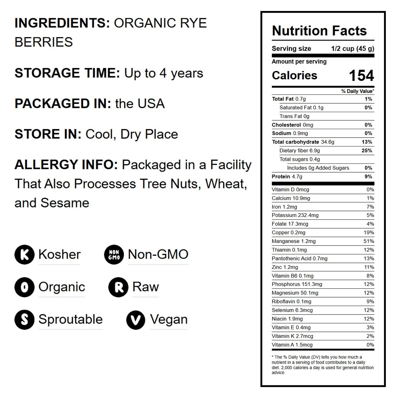 Organic Rye Berries – Whole Wheat Grain, Non-GMO, Kosher, Raw – by Food to Live