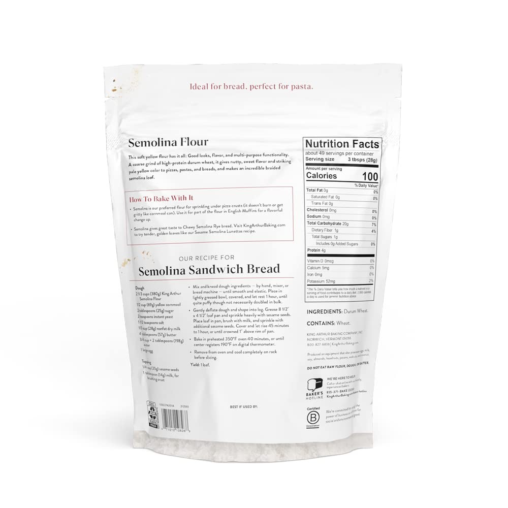 King Arthur Premium Semolina Flour: Coarse 48 Ounce (Pack of 1), White