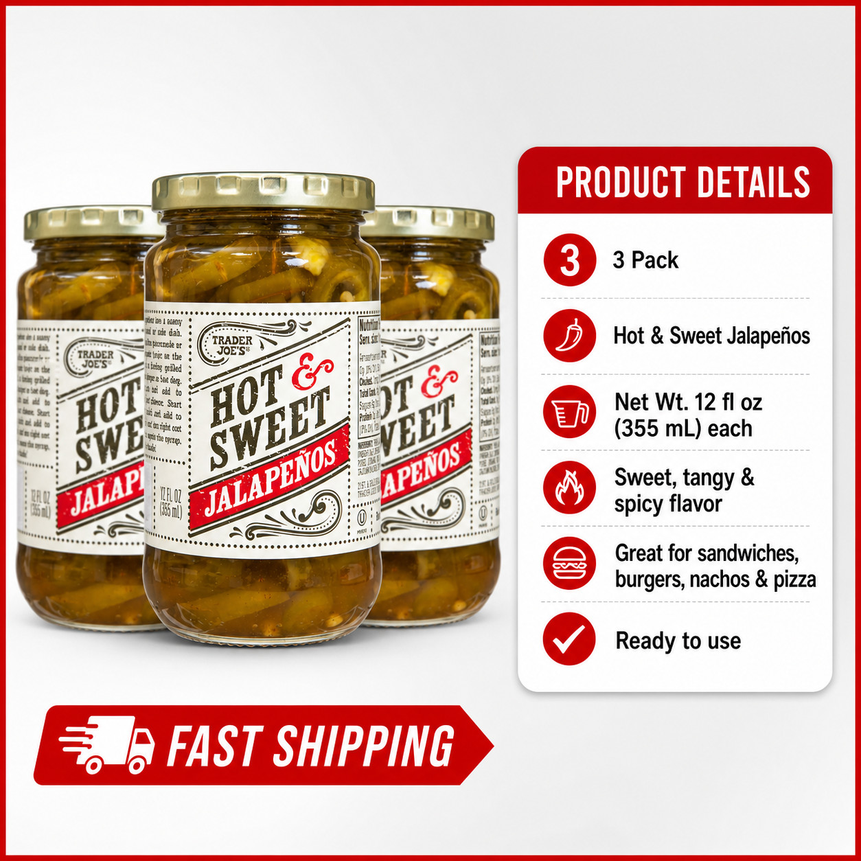 3-Pack Trader Joe’s Hot & Sweet Jalapenos 12 oz