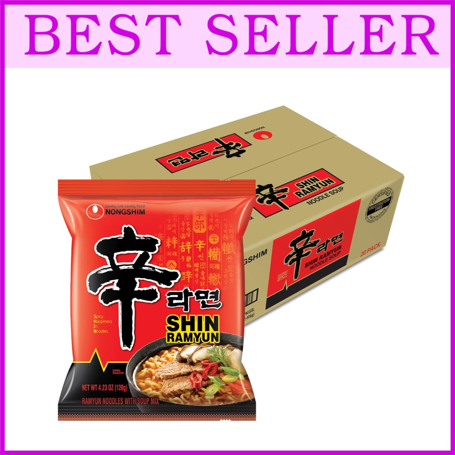 Spicy Shin Ramyun Noodles, Rich Beef Flavored Broth, 20-Pack