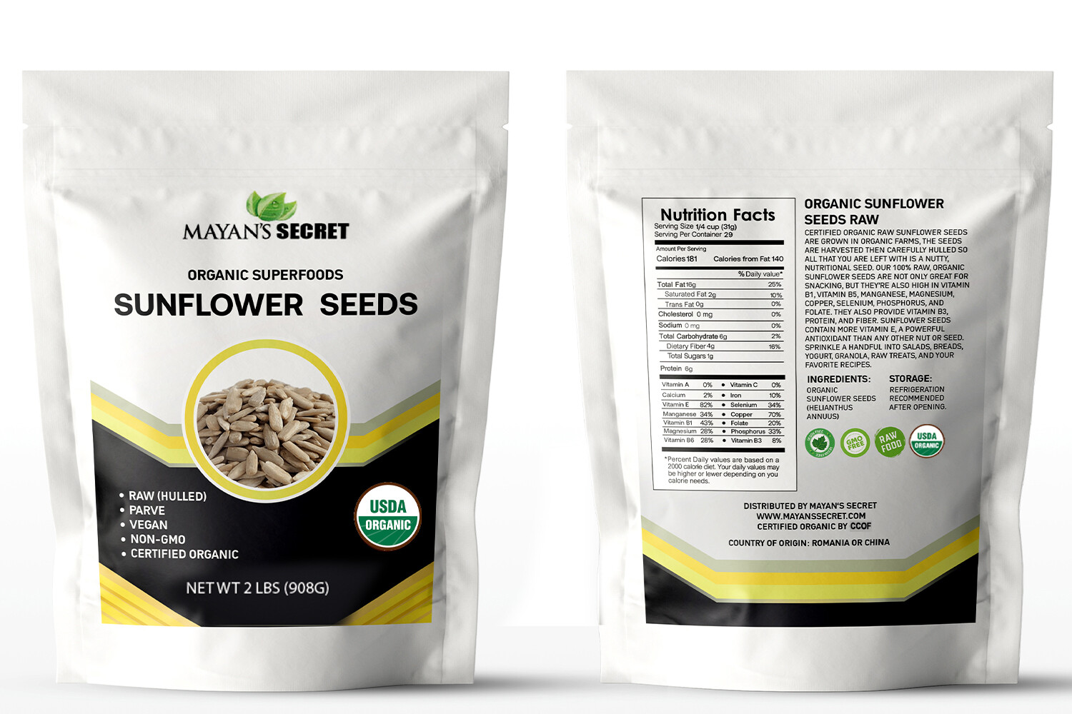 USDA Certified Organic Sunflower Seeds — Raw Kernels Hulled Superfoods