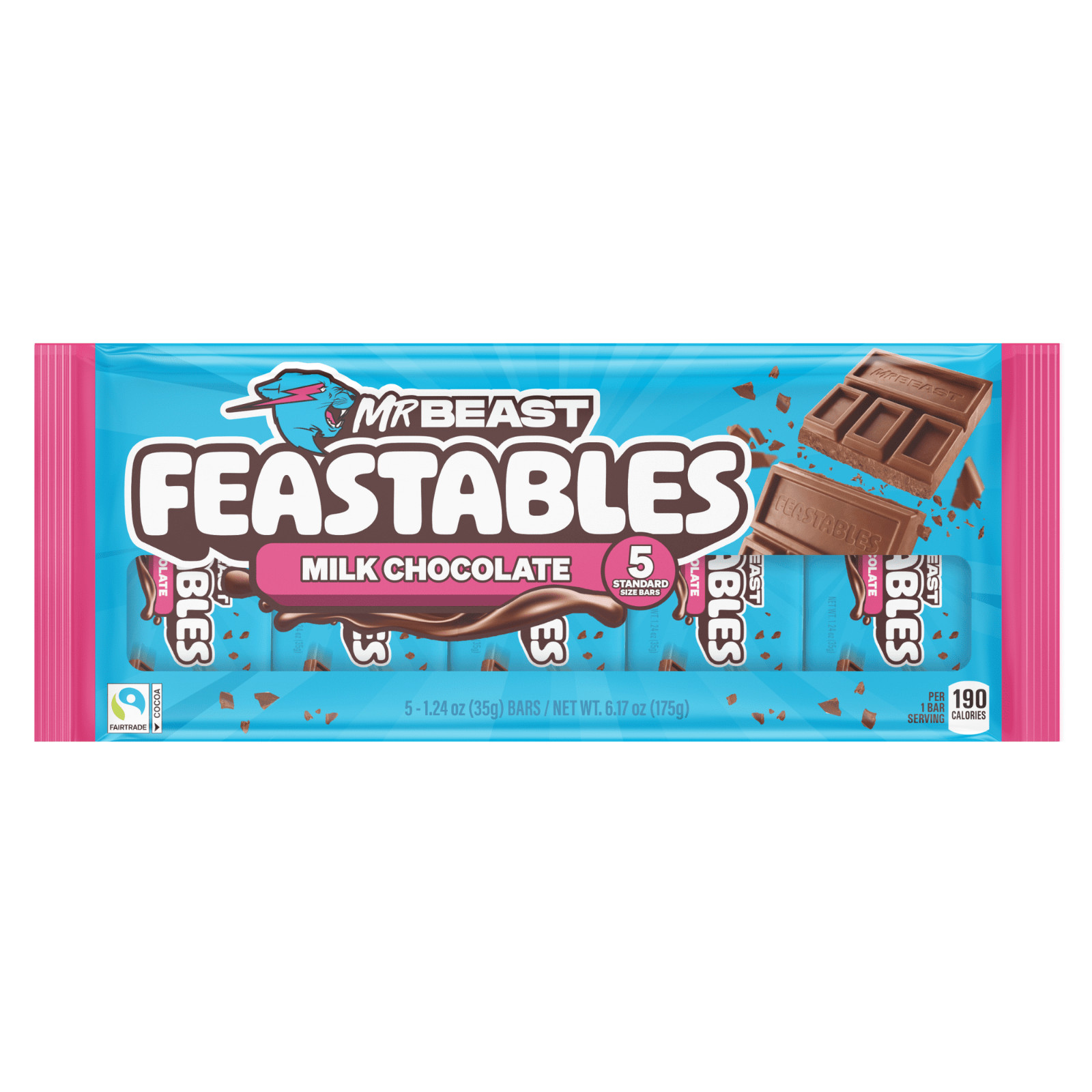 Feastables MrBeast Milk Chocolate Bars 5 Pack 1.24oz Each Candy Set