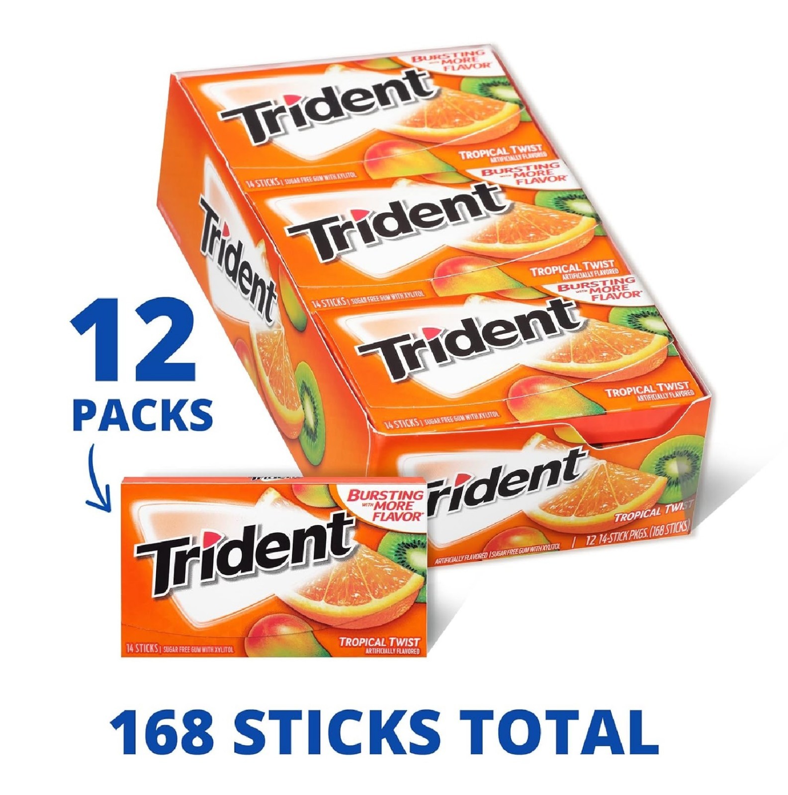 Trident Tropical Twist Sugar-Free Chewing Gum, 14 Count (Pack of 12) (168 Total