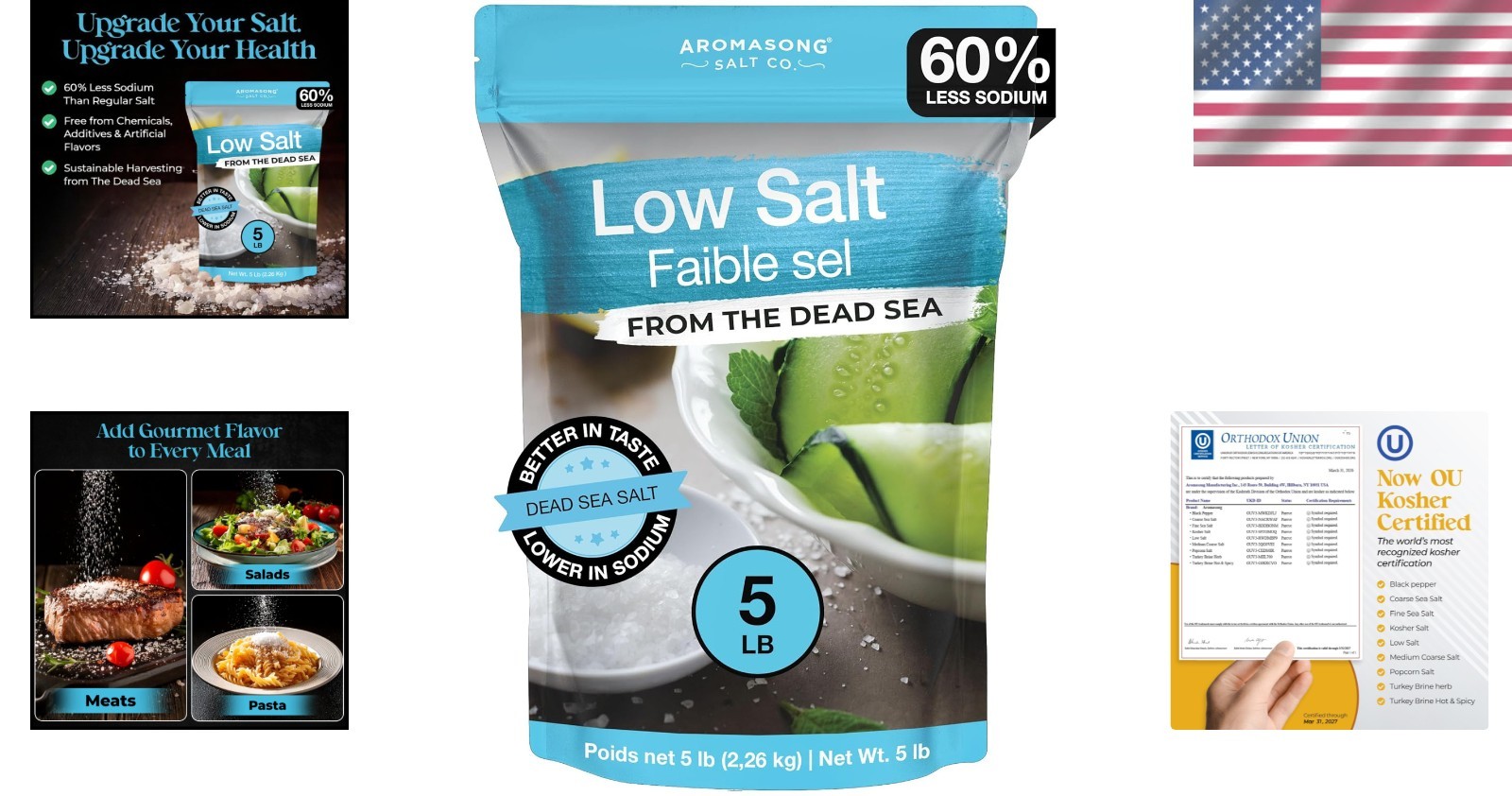 Natural Low Sodium Sea Salt – 100% Kosher, 60% Less Sodium, Bulk 5 Lb Bag