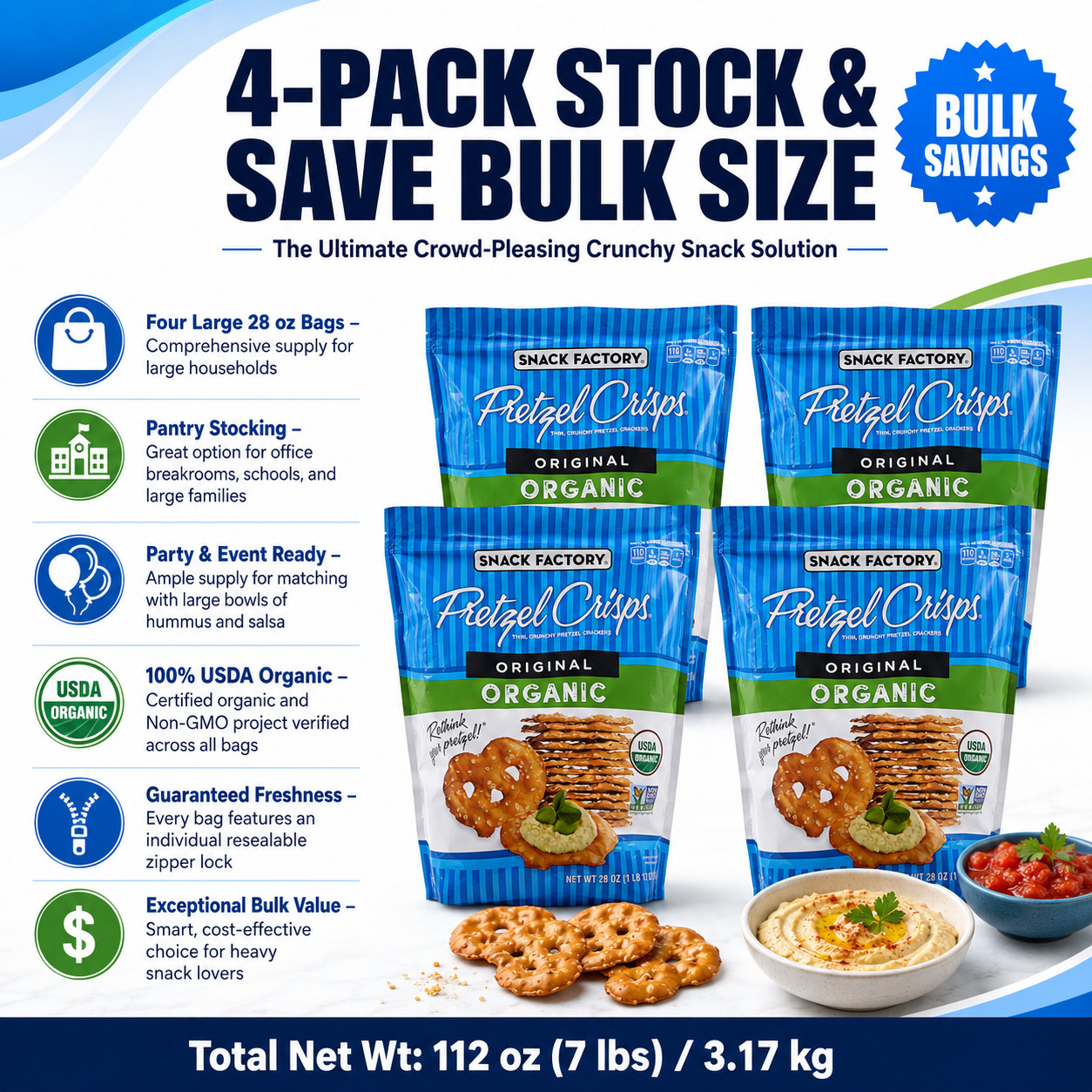 4 Pack Snack Factory Organic Original Pretzel Crisps, 28 oz