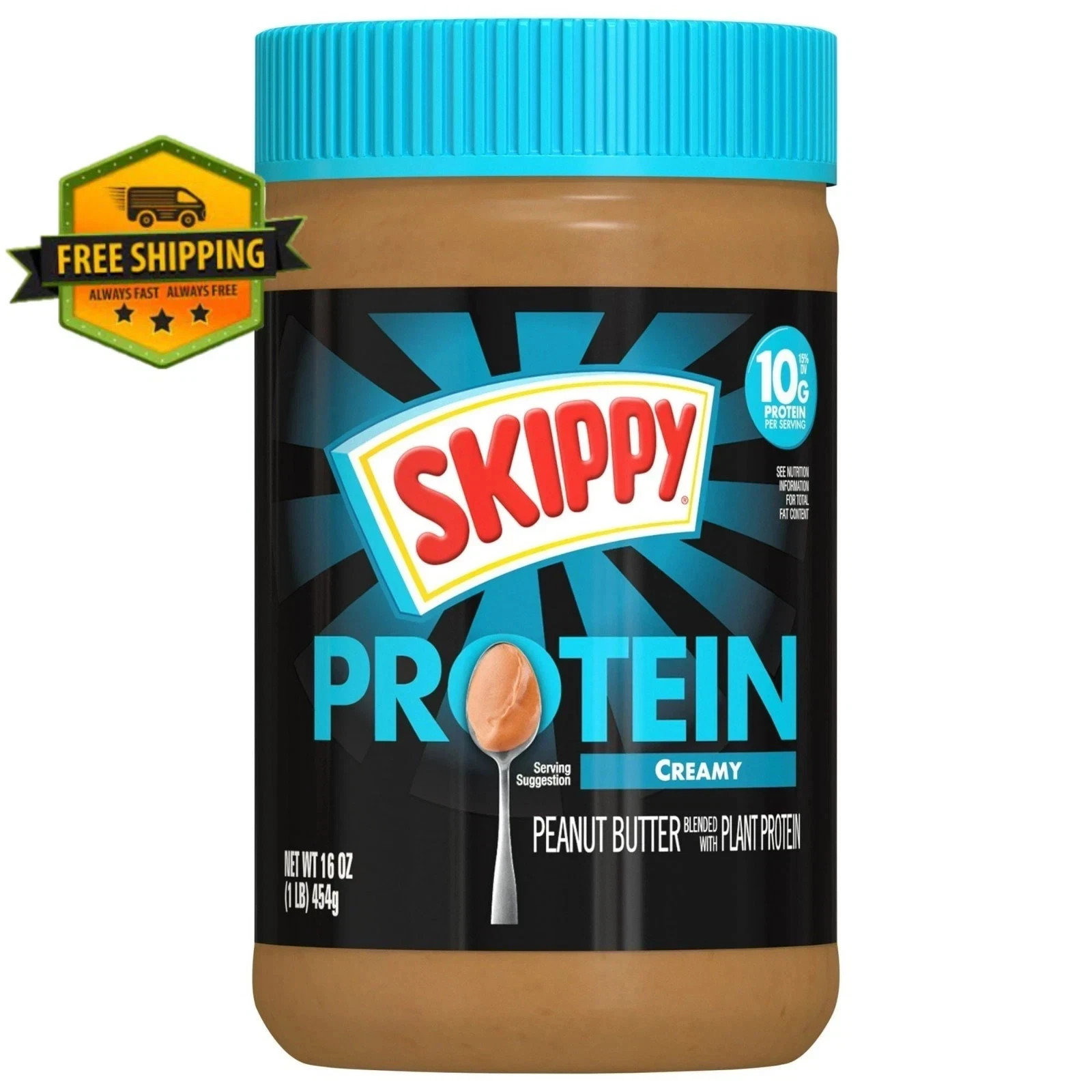 SKIPPY Creamy Peanut Butter with Plant Protein, Shelf-Stable, 16 oz Plastic Jar
