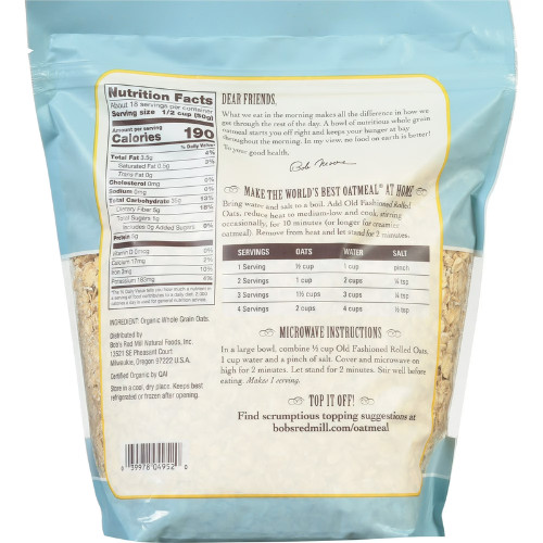 Bob’s Red Mill Old Fashioned Organic Rolled Oats 32 oz Pkg….