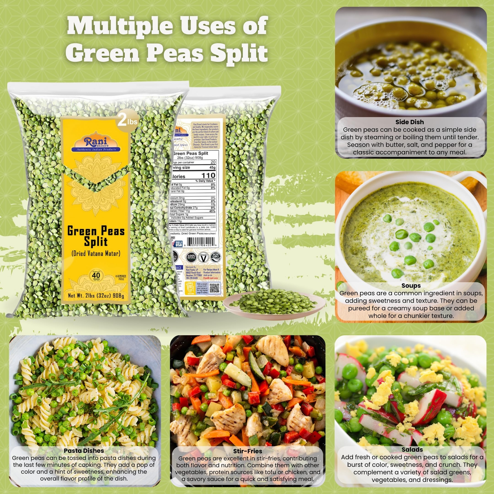 Rani Green Peas Split, Dried (Vatana, Matar) 32oz (2lbs) 907g