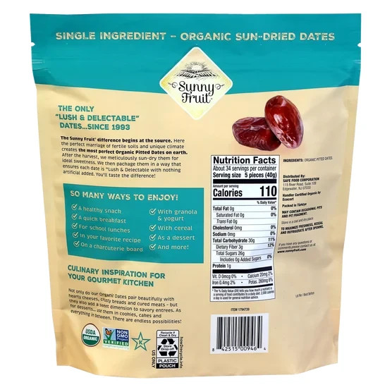 Sunny Fruit Organic Whole Dried Pitted Dates, 48 oz, FRESH – SHIPS SAME DAY