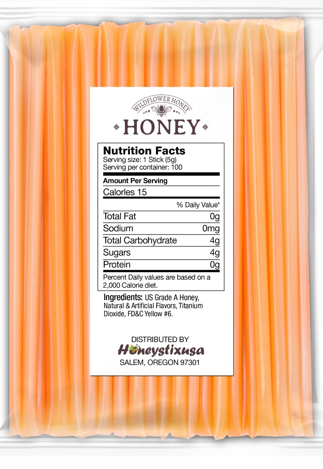Honeystixusa Peach Flavored Raw Honey Sticks Pack of 100 for coffee, Tea, Snack