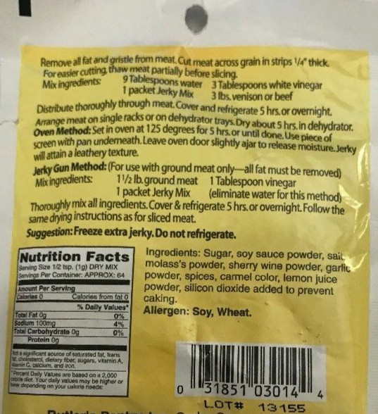 One packet Wildlife Seasonings Jerky Fixin’s Teriyaki Jerky Mix. Makes 3lbs