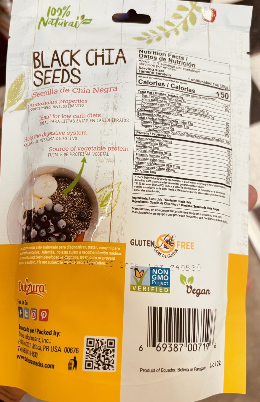 Dulzura Borincana Black Chia Seeds, All natural, vegan, gluten free12oz