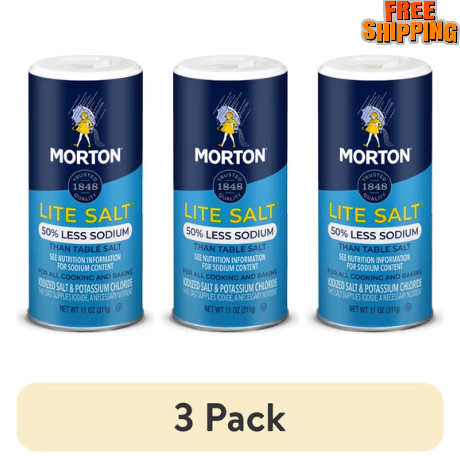 (3 pack) Morton Lite Salt, Low Sodium Salt Alternative, 11 oz-free shipping