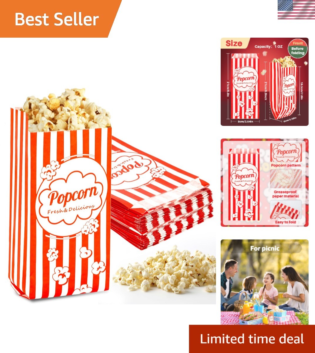 100ct Food-Grade Paper Popcorn Bags, Perfect for Movie Nights & Festivals