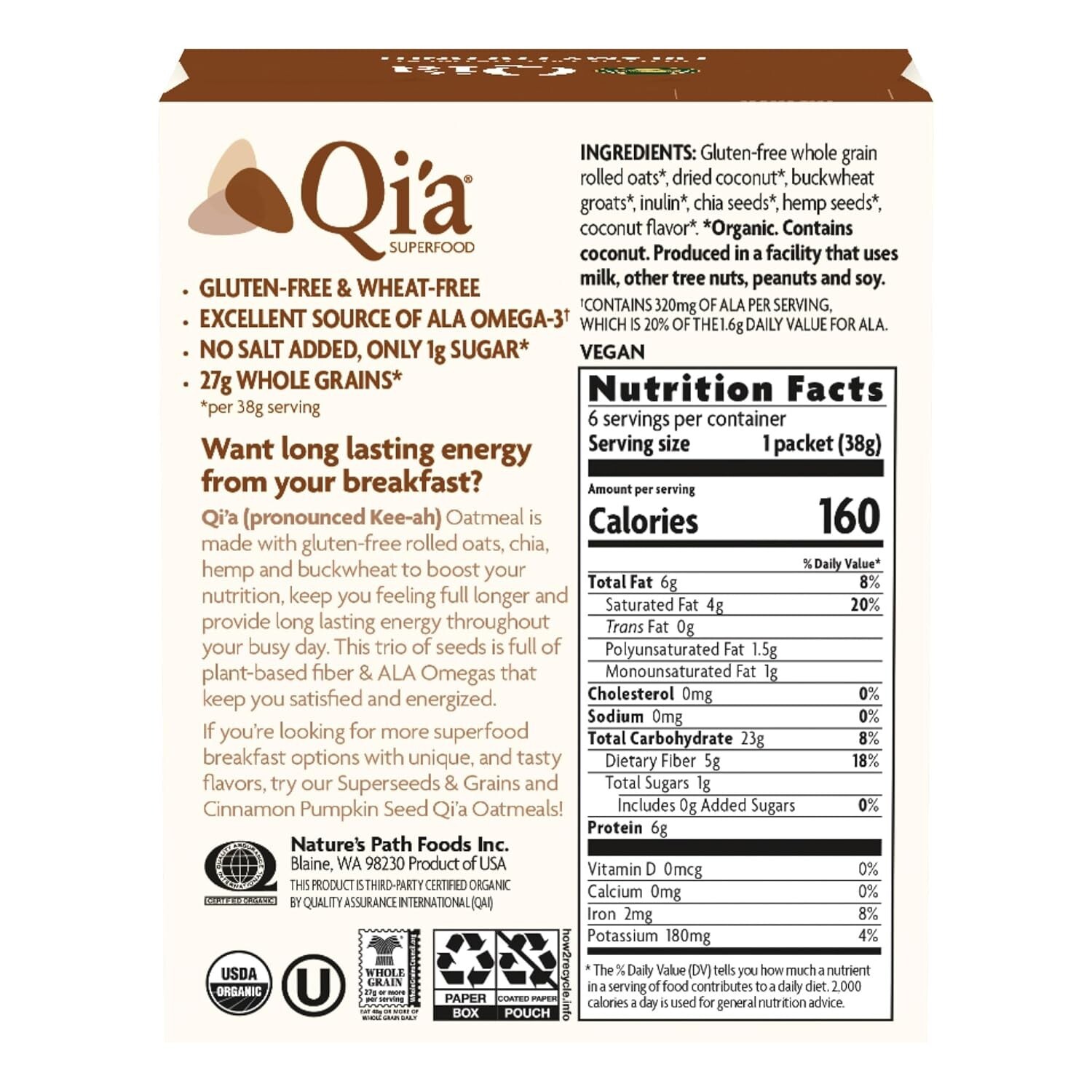 Nutritious & Tasty Creamy Coconut Oatmeal – 6 Pack, 35g Whole Grains, High Fiber