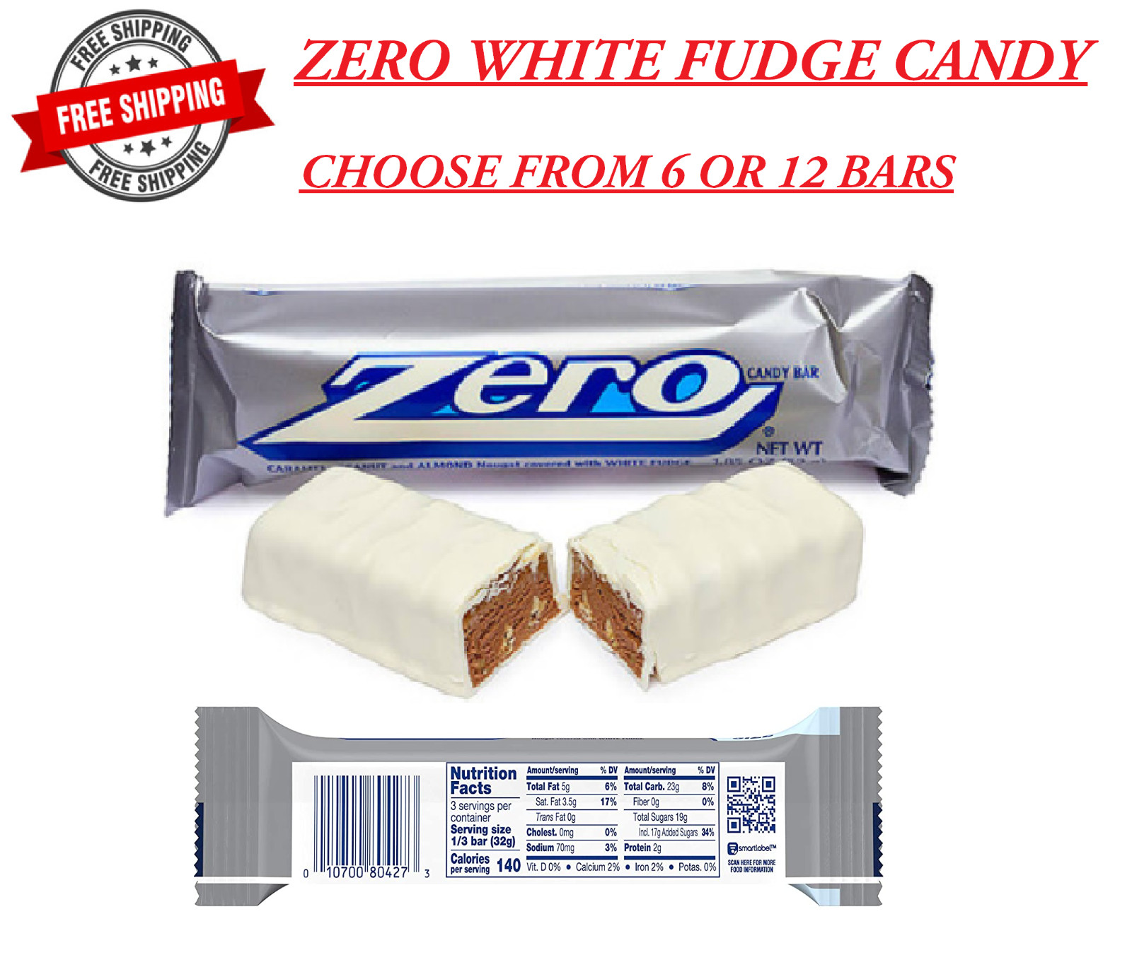 ZERO White Fudge, Caramel Peanut & Almond Nougat, 1.85-Oz. (Choose 6 Or 12 Bars)